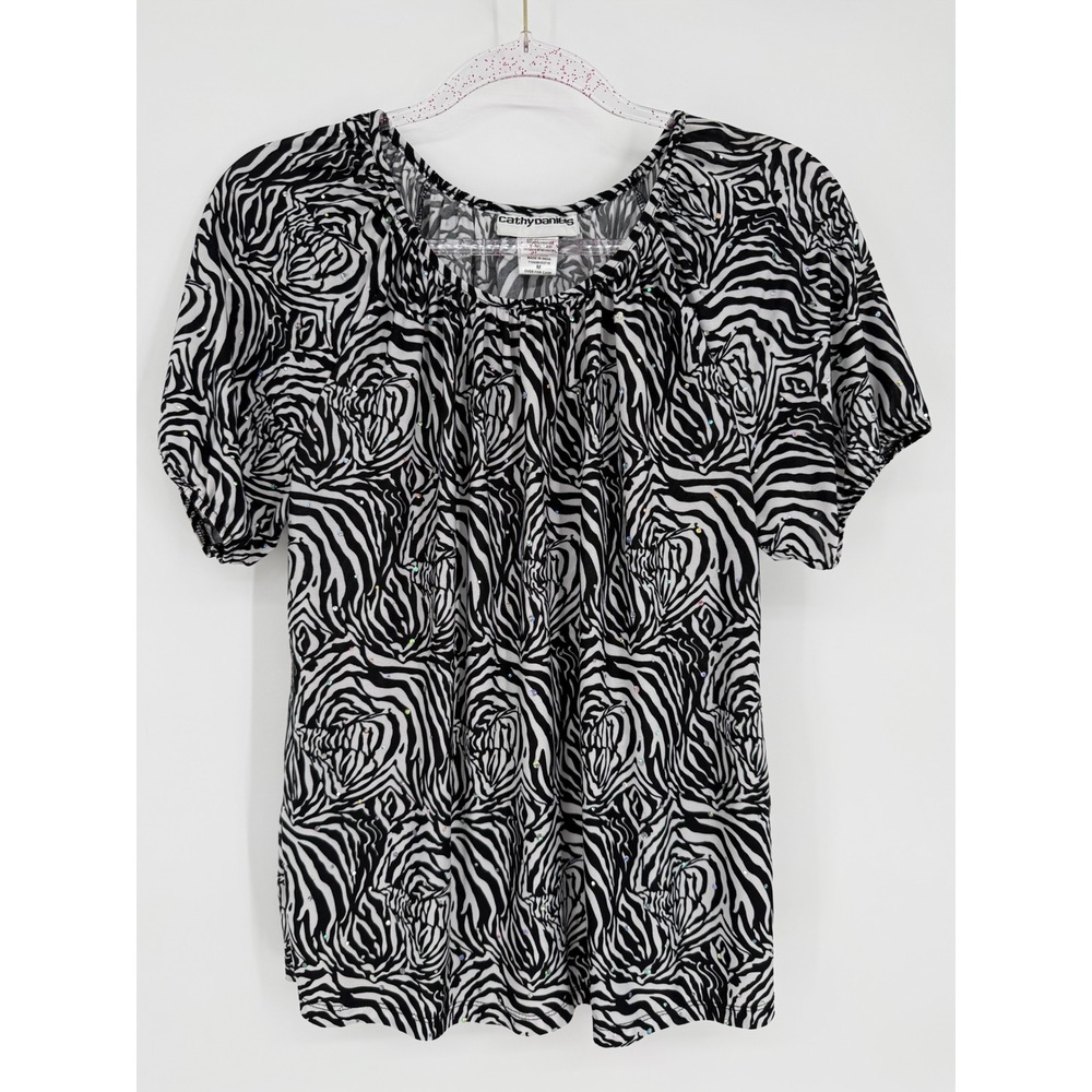 Cathy Daniels Zebra Print‎ Square Neck Gathered Short Sleeve Top Women's M